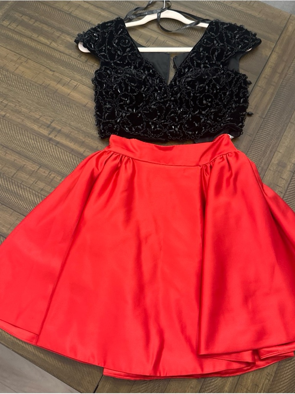 Sherri Hill Black Beaded Crop Top with Red Satin Mini Skirt